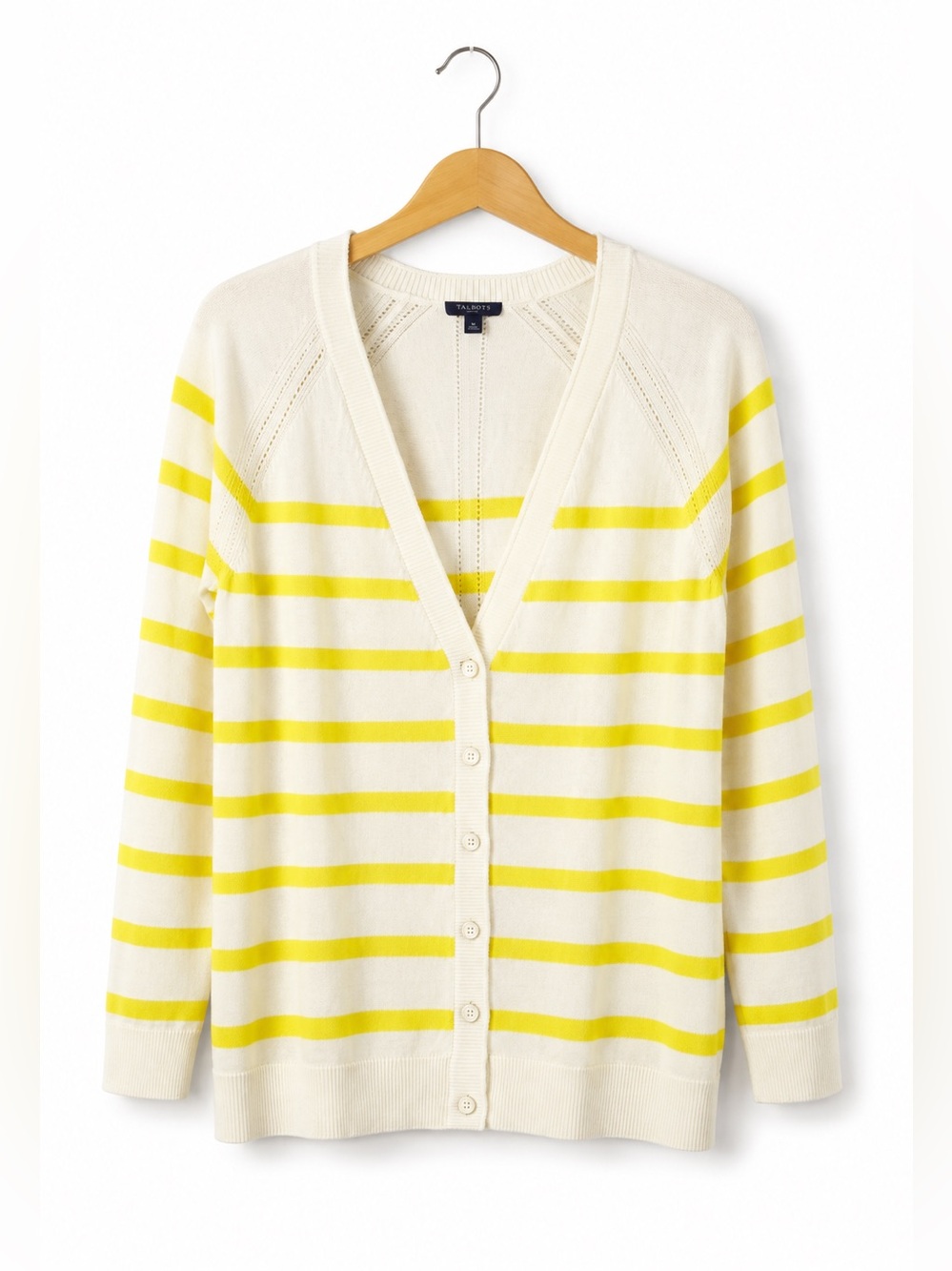 Talbots Petites Cream Yellow Striped Button Cardigan PM Coastal Preppy Classic